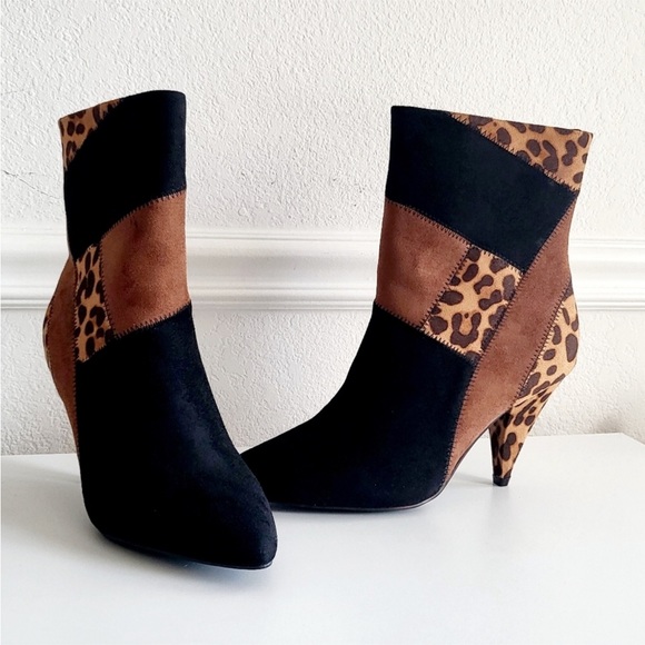 Comfort Black Brown Animal Patchwork Print Ankle Pointed Toe Bootie Boots New - Picture 3 of 10